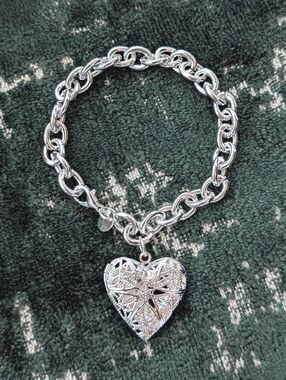 Silver 925 Filagree Heart Locket Charm Bracelet Adjustable Picture Plated